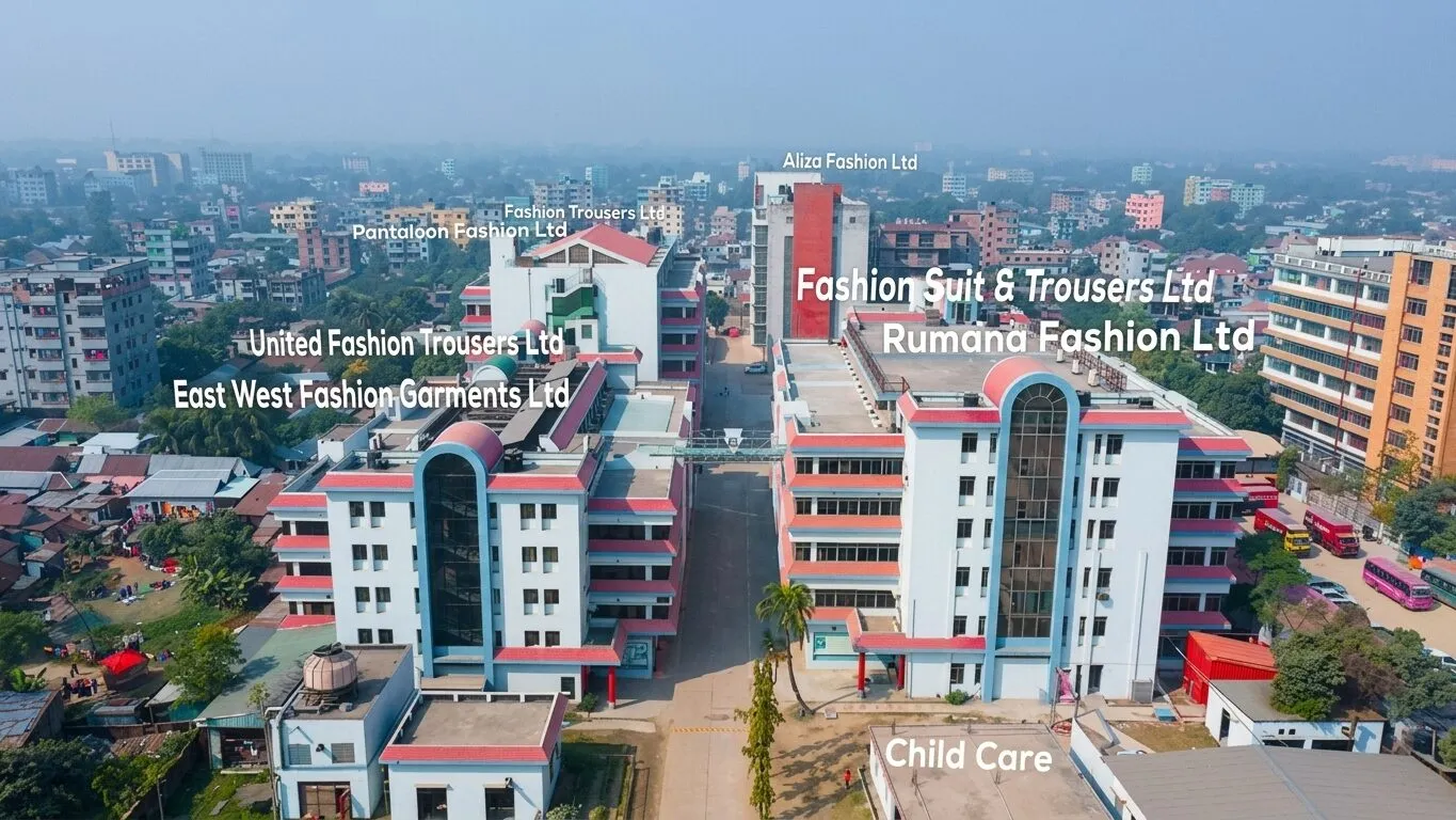 Aerial view of the East West Industrial Park factory complex in Gazipur, Bangladesh, with factory units identified